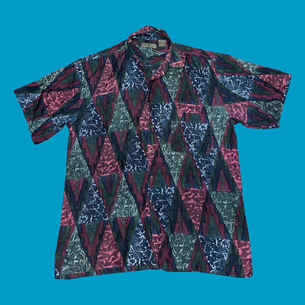 Vintage Robert Stock 100% Silk Shirt XL Abstract Multicolor Button Up